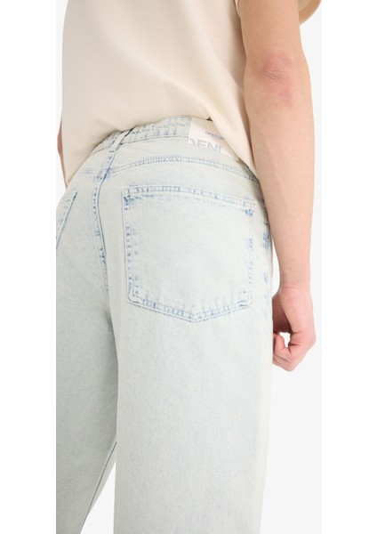 %100 Pamuk Baggy Fit Geniş Kalıp Normal Bel Düz Paça Jean Yıkamalı Pantolon D7317AX25SP