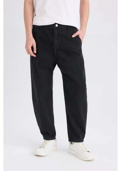 %100 Pamuk Relaxed Slouchy Fit Rahat Beli Lastikli Rahat Kesim Dar Paça Siyah Jean Pantolon B8320AX25SP indirimleri