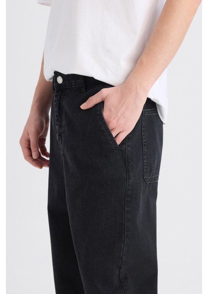 %100 Pamuk Relaxed Slouchy Fit Rahat Beli Lastikli Rahat Kesim Dar Paça Siyah Jean Pantolon B8320AX25SP