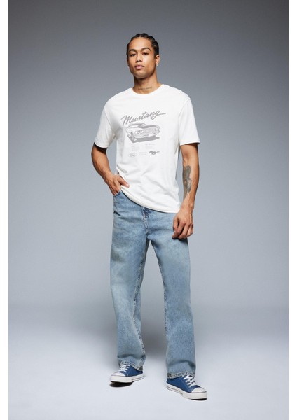 %100 Pamuk Baggy Fit Geniş Kalıp Normal Bel Geniş Paça Jean Yıkamalı Pantolon B3926AX25SP