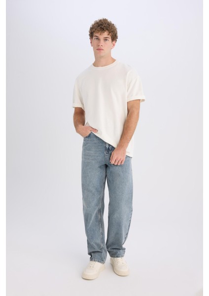 %100 Pamuk Baggy Fit Geniş Kalıp Normal Bel Geniş Paça Jean Yıkamalı Pantolon B3926AX25SP fiyatları