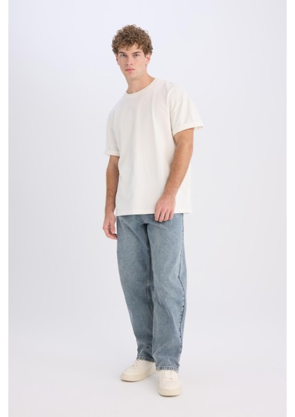 %100 Pamuk Baggy Fit Geniş Kalıp Normal Bel Geniş Paça Jean Yıkamalı Pantolon B3926AX25SP modelleri