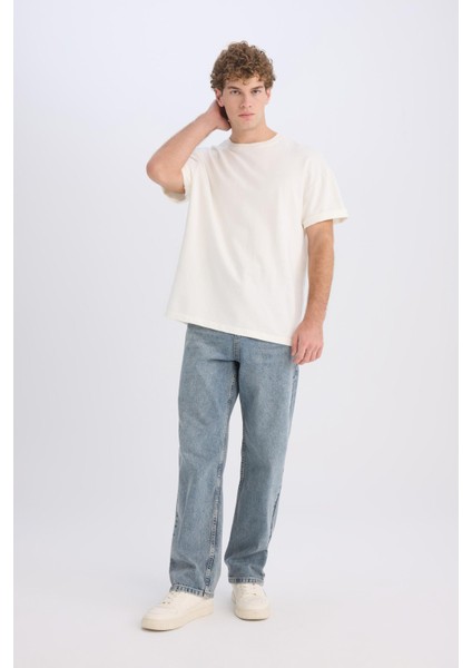 %100 Pamuk Baggy Fit Geniş Kalıp Normal Bel Geniş Paça Jean Yıkamalı Pantolon B3926AX25SP fırsatları