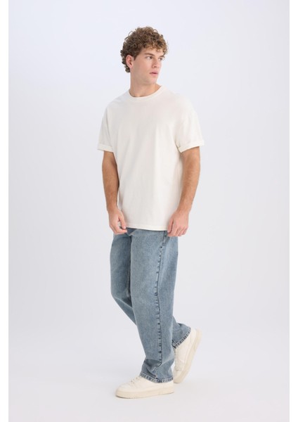 %100 Pamuk Baggy Fit Geniş Kalıp Normal Bel Geniş Paça Jean Yıkamalı Pantolon B3926AX25SP indirimleri