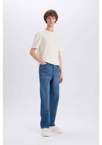 %100 Pamuk Baggy Fit Geniş Kalıp Normal Bel Geniş Paça Soluk Efektli Jean Pantolon D7318AX25SP fiyatları