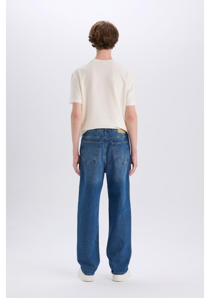 %100 Pamuk Baggy Fit Geniş Kalıp Normal Bel Geniş Paça Soluk Efektli Jean Pantolon D7318AX25SP