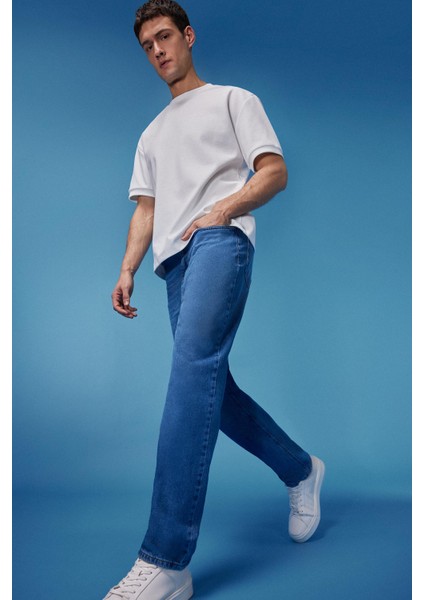 %100 Pamuk Baggy Fit Geniş Kalıp Normal Bel Geniş Paça Soluk Efektli Jean Pantolon D7318AX25SP