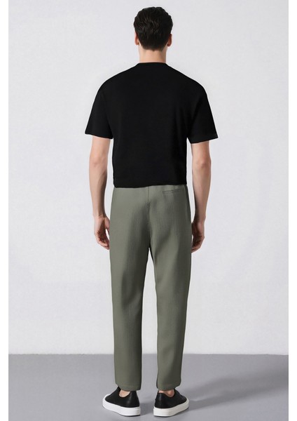 %100 Pamuk Keten Görünümlü Pantolon Beli Lastikli Slim Fit Dar Kesim Cepli Düz Paça D2671AX25SM