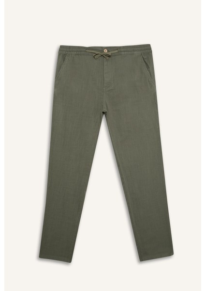 %100 Pamuk Keten Görünümlü Pantolon Beli Lastikli Slim Fit Dar Kesim Cepli Düz Paça D2671AX25SM
