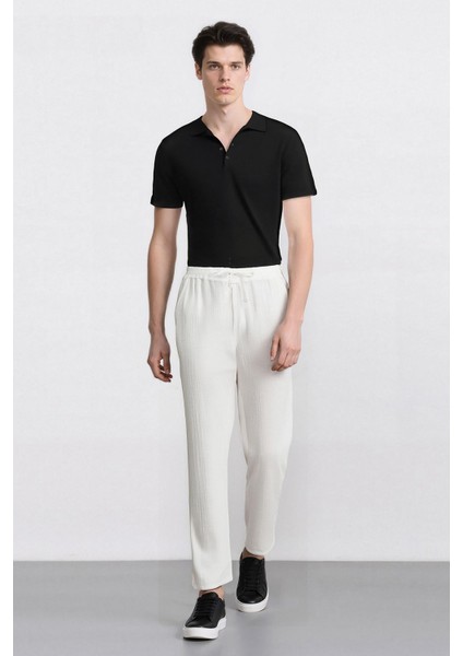 %100 Pamuk Keten Görünümlü Pantolon Beli Lastikli Slim Fit Dar Kesim Cepli Düz Paça D2671AX25SM