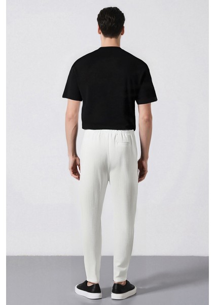 %100 Pamuk Keten Görünümlü Pantolon Beli Lastikli Slim Fit Dar Kesim Cepli Düz Paça D2671AX25SM