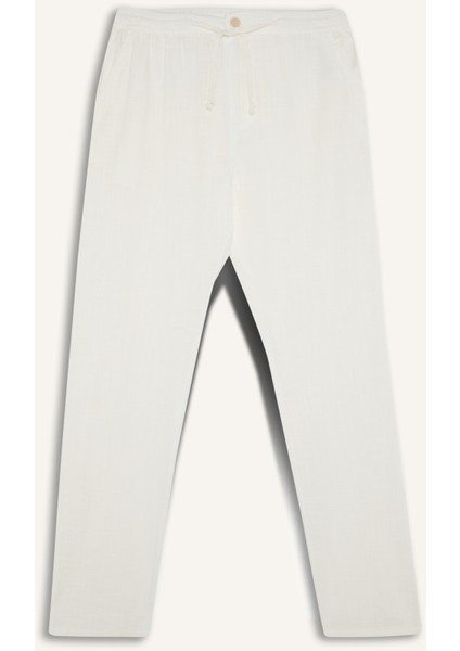 %100 Pamuk Keten Görünümlü Pantolon Beli Lastikli Slim Fit Dar Kesim Cepli Düz Paça D2671AX25SM