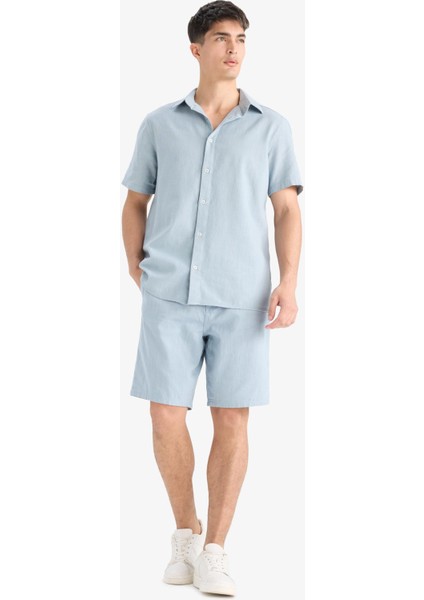 %100 Pamuk Relax Fit Cepli Keten Görünümlü Bermuda Şort C7381AX25SM