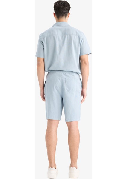 %100 Pamuk Relax Fit Cepli Keten Görünümlü Bermuda Şort C7381AX25SM