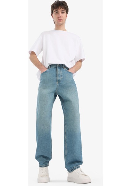 %100 Pamuk Baggy Fit Geniş Kalıp Normal Bel Geniş Paça Soluk Efektli Jean Pantolon D7279AX25SP