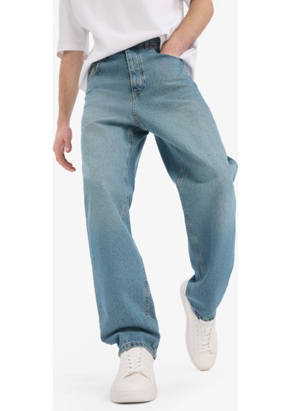 %100 Pamuk Baggy Fit Geniş Kalıp Normal Bel Geniş Paça Soluk Efektli Jean Pantolon D7279AX25SP