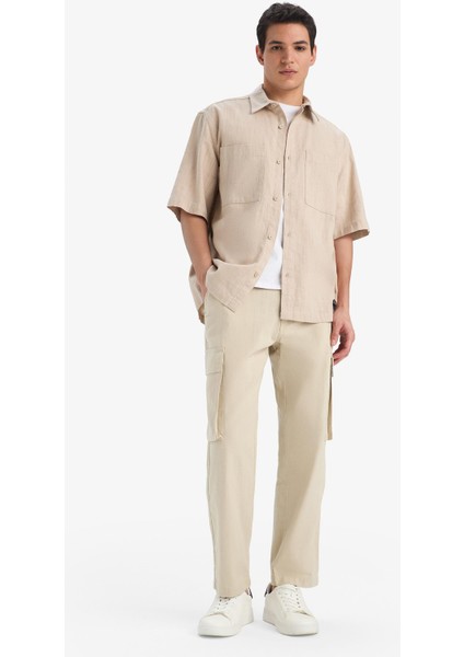 %100 Pamuk Wide Leg Bol Rahat Kesim Kargo Cepli Keten Görünümlü Yazlık Pantolon B9407AX25SP