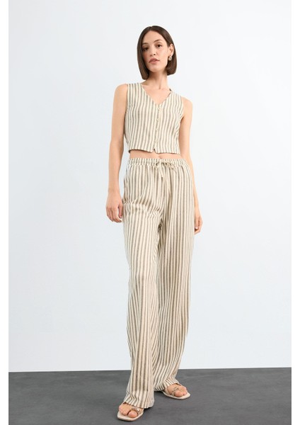 Fitted Çizgili Üç Cepli Uzun Pantolon F9009AX25SM