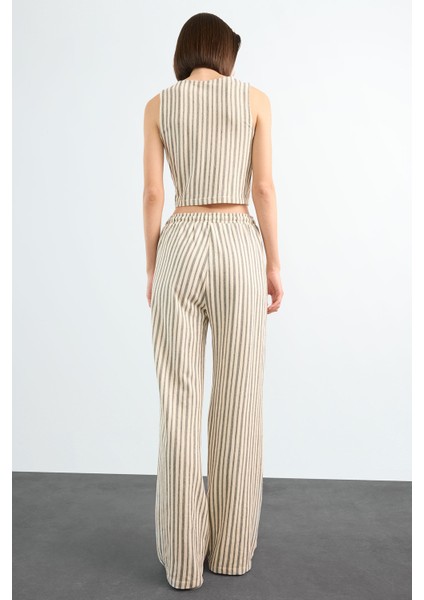 Fitted Çizgili Üç Cepli Uzun Pantolon F9009AX25SM