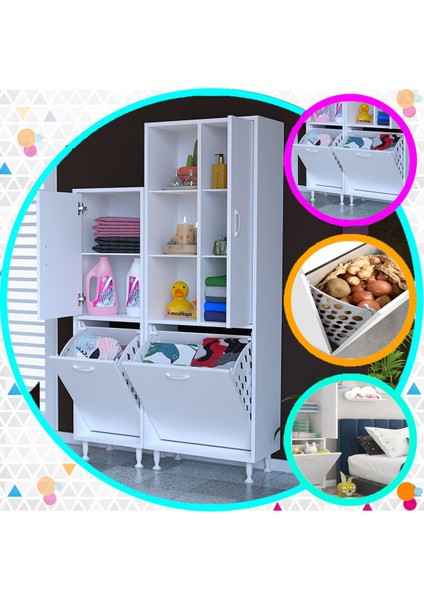 Forbest Inci 97X165 cm 3 Kapaklı Kirli Çamaşır Dolabı Sepetli Banyo Dolabı