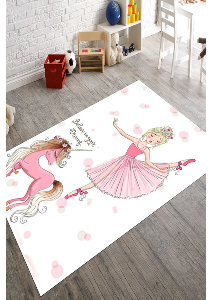 Prenses Desenli Pembe Kaymaz Taban Makinede Yıkanabilir Dot Tabanlı Çocuk Halısı 10011A modelleri