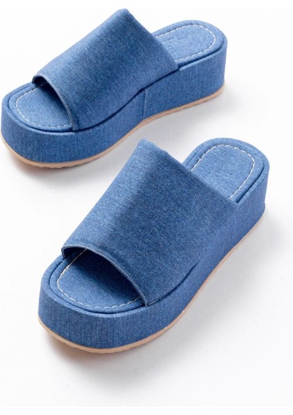 861-1011 Açık Kot Geniş Bantlı Dolgu Kadın Terlik modelleri