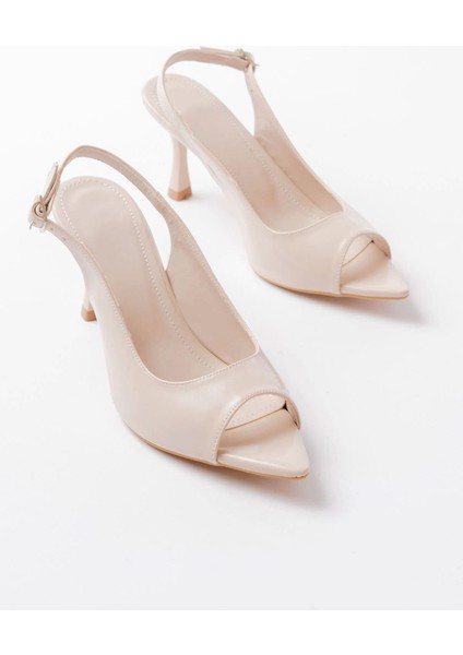 717 Bej Rugan Sivri Burunlu Topuklu Kadın Sandalet modelleri