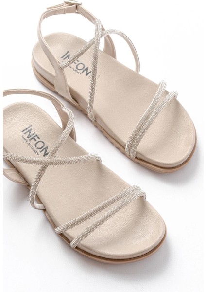 1001-1105 Bej Gümüş Taşlı Günlük Kadın Sandalet fırsatları