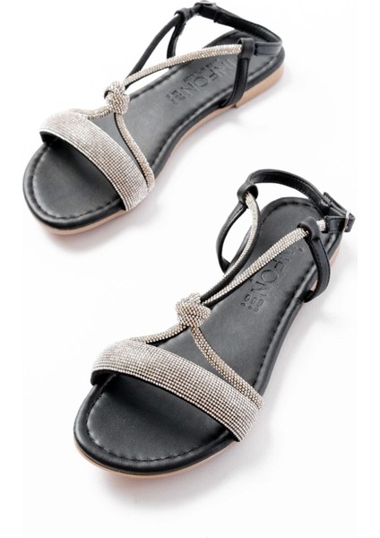 152-1104 Siyah Gümüş Taşlı Günlük Kadın Sandalet modelleri