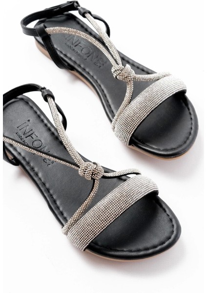 152-1104 Siyah Gümüş Taşlı Günlük Kadın Sandalet fırsatları