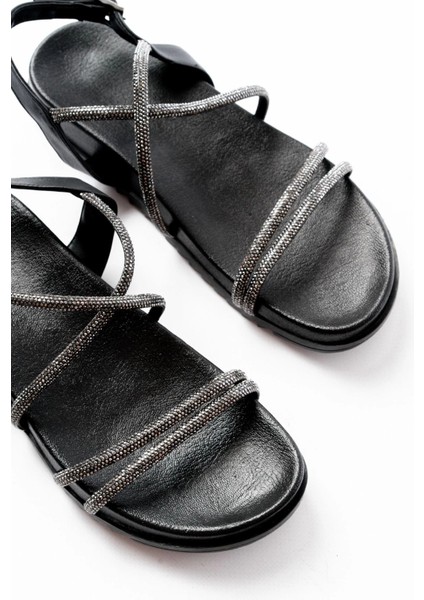 1001-1105 Siyah Platin Taşlı Günlük Kadın Sandalet fırsatları