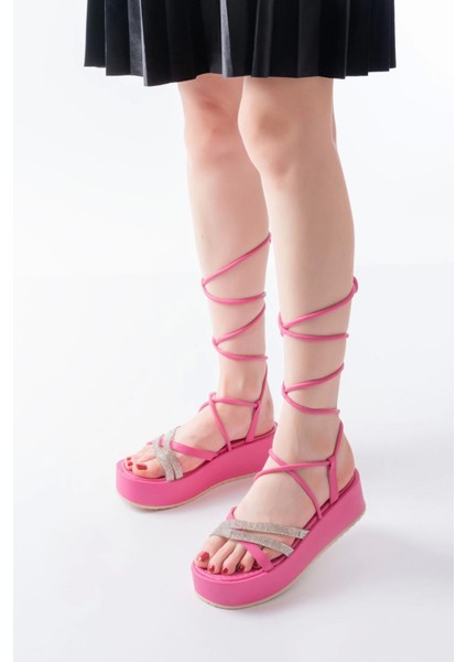 861-1010 Fuşya Gümüş Taşlı Bilekten Bağlamalı Kadın Sandalet