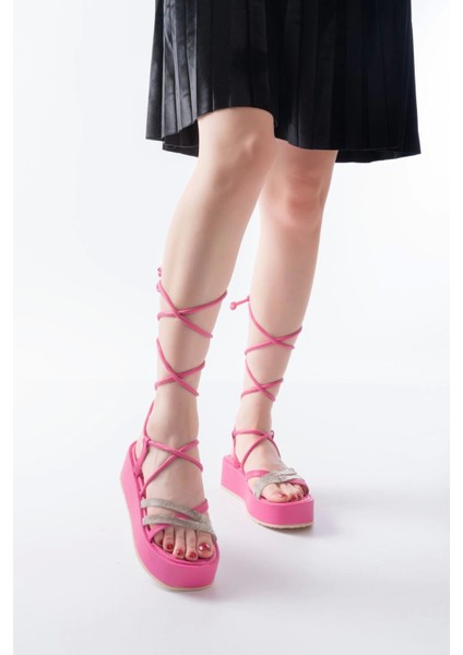 861-1010 Fuşya Gümüş Taşlı Bilekten Bağlamalı Kadın Sandalet fırsatları