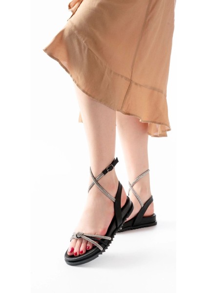 1001-1120 Siyah Gümüş Taşlı Günlük Kadın Sandalet fiyatları