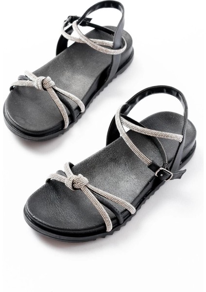 1001-1120 Siyah Gümüş Taşlı Günlük Kadın Sandalet modelleri