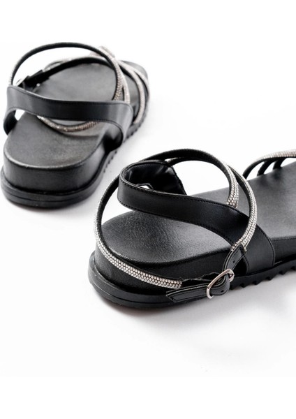 1001-1120 Siyah Gümüş Taşlı Günlük Kadın Sandalet indirimleri