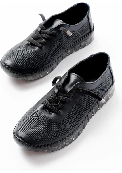 S-365 Siyah Desenli Hakiki Deri Şeffaf Taban Kadın Spor Ayakkabı modelleri