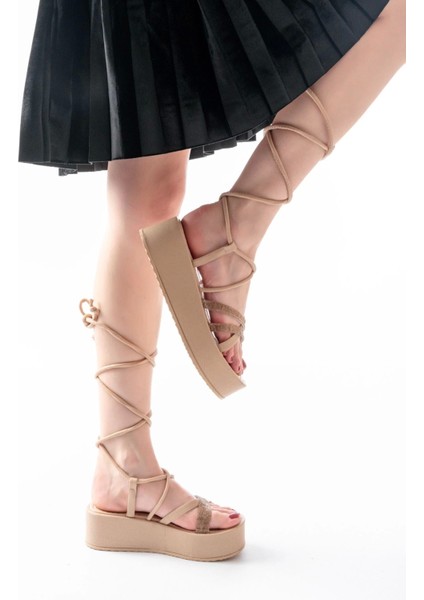 861-1010 Nut Rose Taşlı Bilekten Bağlamalı Kadın Sandalet