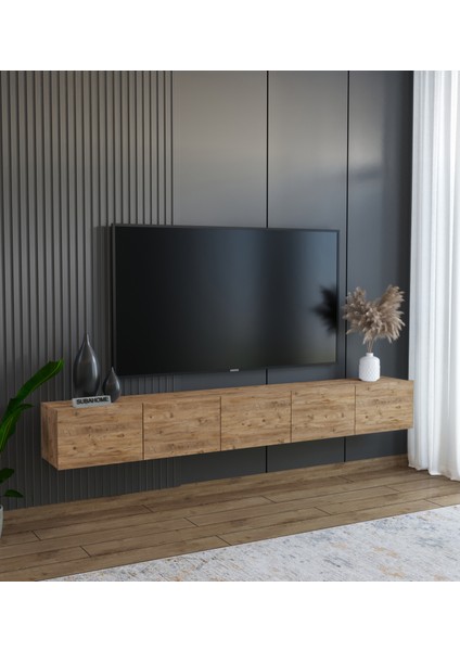 Subahome 200 cm Mdf 5 Kapaklı Dolaplı Minimalist Ahşap Duvara Monte Tv Ünitesi – Şık ve Fonksiyonel Tasarım