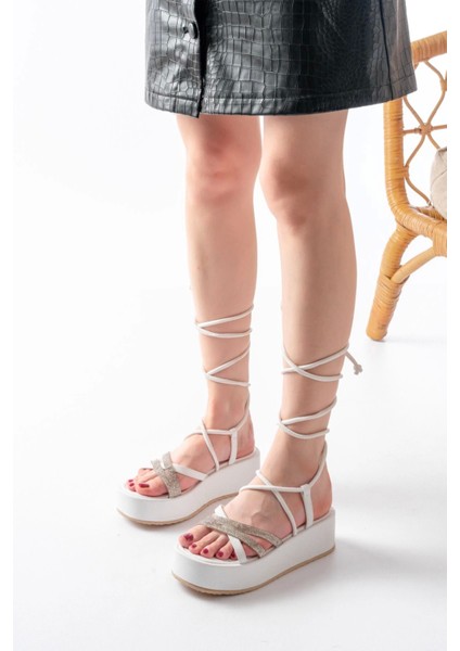 861-1010 Beyaz Gümüş Taşlı Bilekten Bağlamalı Kadın Sandalet fiyatları