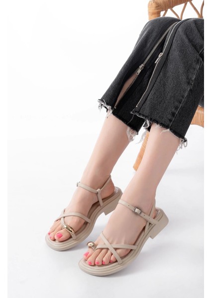 S-101 Bej Parmak Arası Taş Detaylı Günlük Kadın Sandalet fiyatları