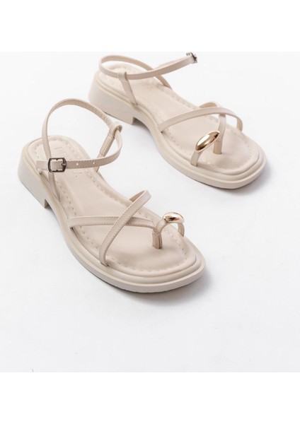 S-101 Bej Parmak Arası Taş Detaylı Günlük Kadın Sandalet indirimleri