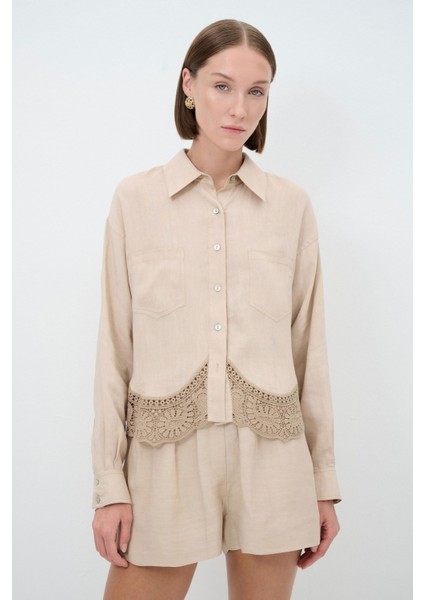 Bej Uzun Kol Dantel Detaylı Gömlek 13043521000 fiyatları