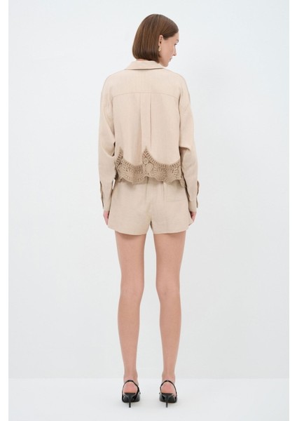 Bej Uzun Kol Dantel Detaylı Gömlek 13043521000