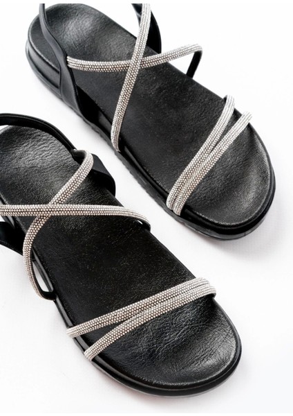 1001-1105 Siyah Gümüş Taşlı Günlük Kadın Sandalet fırsatları