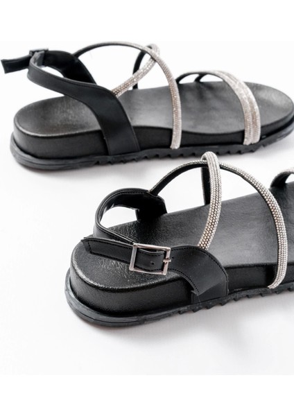 1001-1105 Siyah Gümüş Taşlı Günlük Kadın Sandalet indirimleri