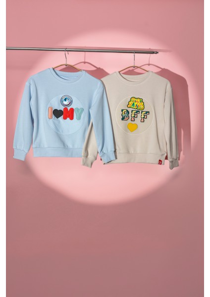 Unisex, 100% Koton, Çocuk, Oversize, Janti Fox Patchleriyle Tasarlanabilir Mavi Sweatshirt modelleri