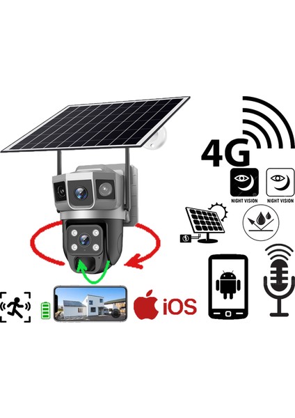 Sim Kartlı 4g 2 Kameralı Solar Panelli Güneş Enerjili Sirenli 4mp Dual Light Çift Kameralı V380 Pro App Kamera