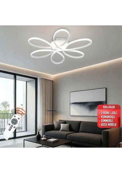 Luxor Oturma Odası,Salon,Yatak Odası İçin 60 cm Beyaz Kasa 3 Renk Kumandalı LED Avize
