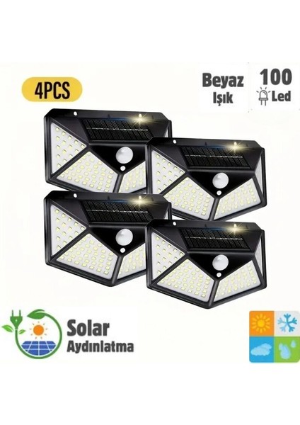 HB-100 Model 4'lü Paket 100 LED Solar Hareket Sensörlü Güneş Enerjili 3 Mod Solar Duvar Bahçe Karavan Kamp Lambası